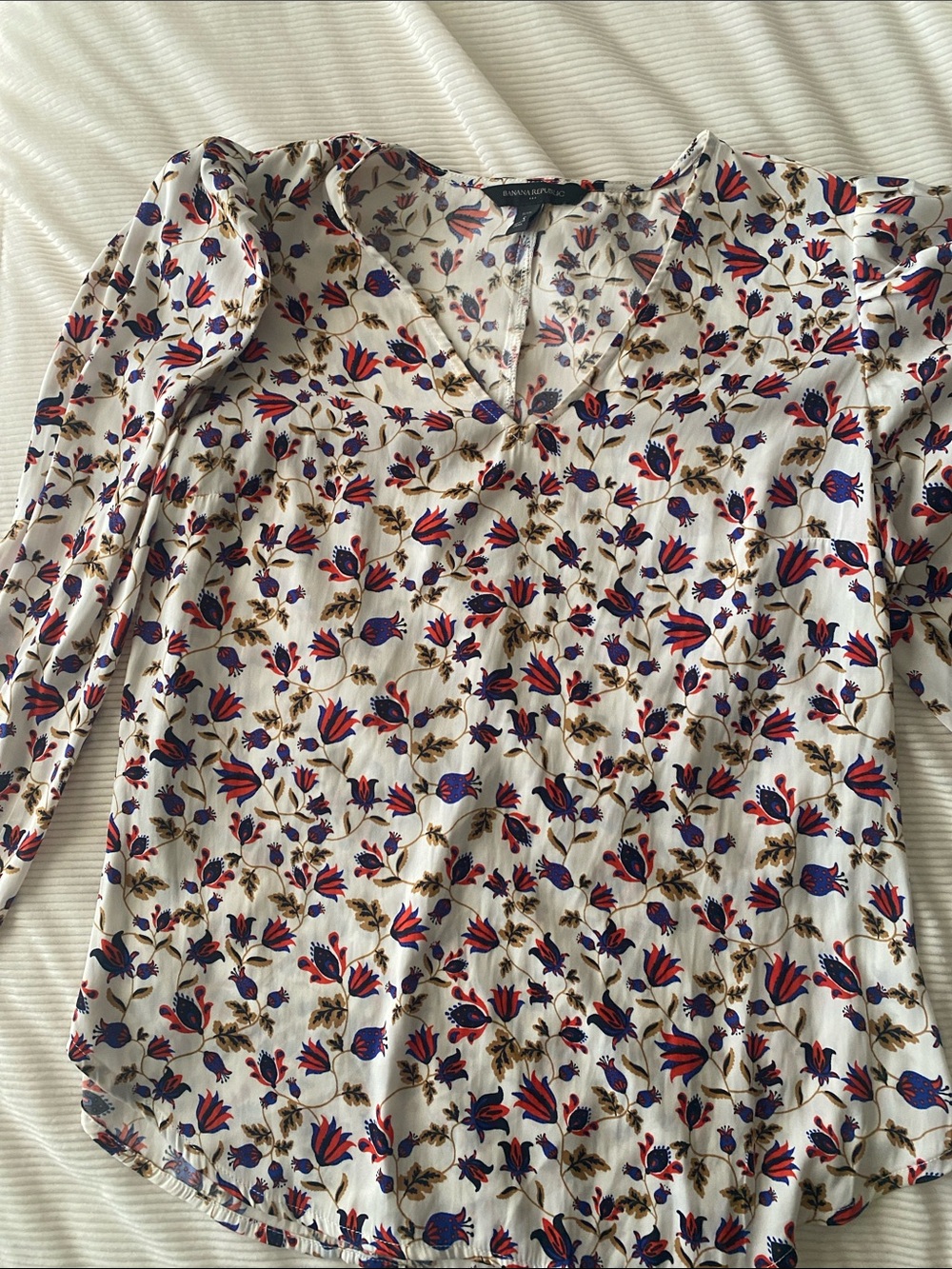 Banana Republic Cream Blouse with Red & Blue Floral Print